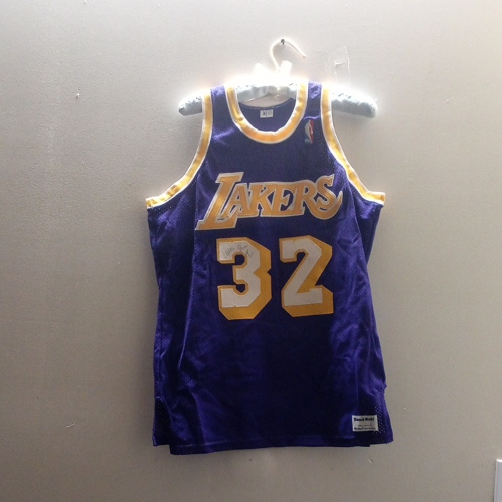 Autograph Magic Johnson Purple and Yellow Lakers Jersey